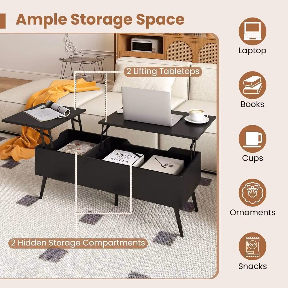 VOGREX Black Lift Top Office Coffee Table, W/D/H: 110 x 48 x 40-53 cm – 2