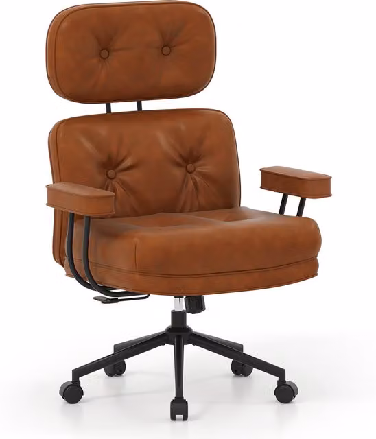 Costway Mid Century Modern Executive Swivel Computer Desk Chair in Brown PU Leather with Headrest and Armrests