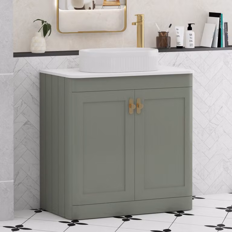 Royal Bathrooms Henley 800mm Sage Green Floor Standing 2 Door Vanity Unit with White Worktop, Lyon Basin and Brushed Brass Knob