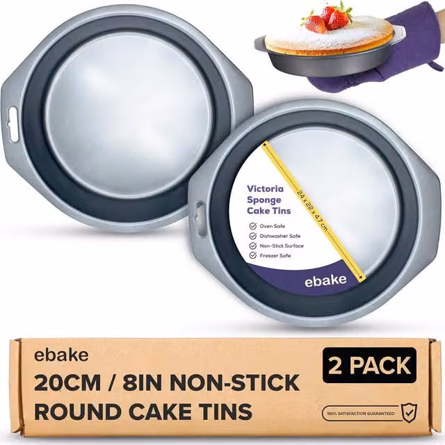 Ebake Non-Stick Round Cake Tins, 2 Pack, Black, Diameter: 20.32 cm