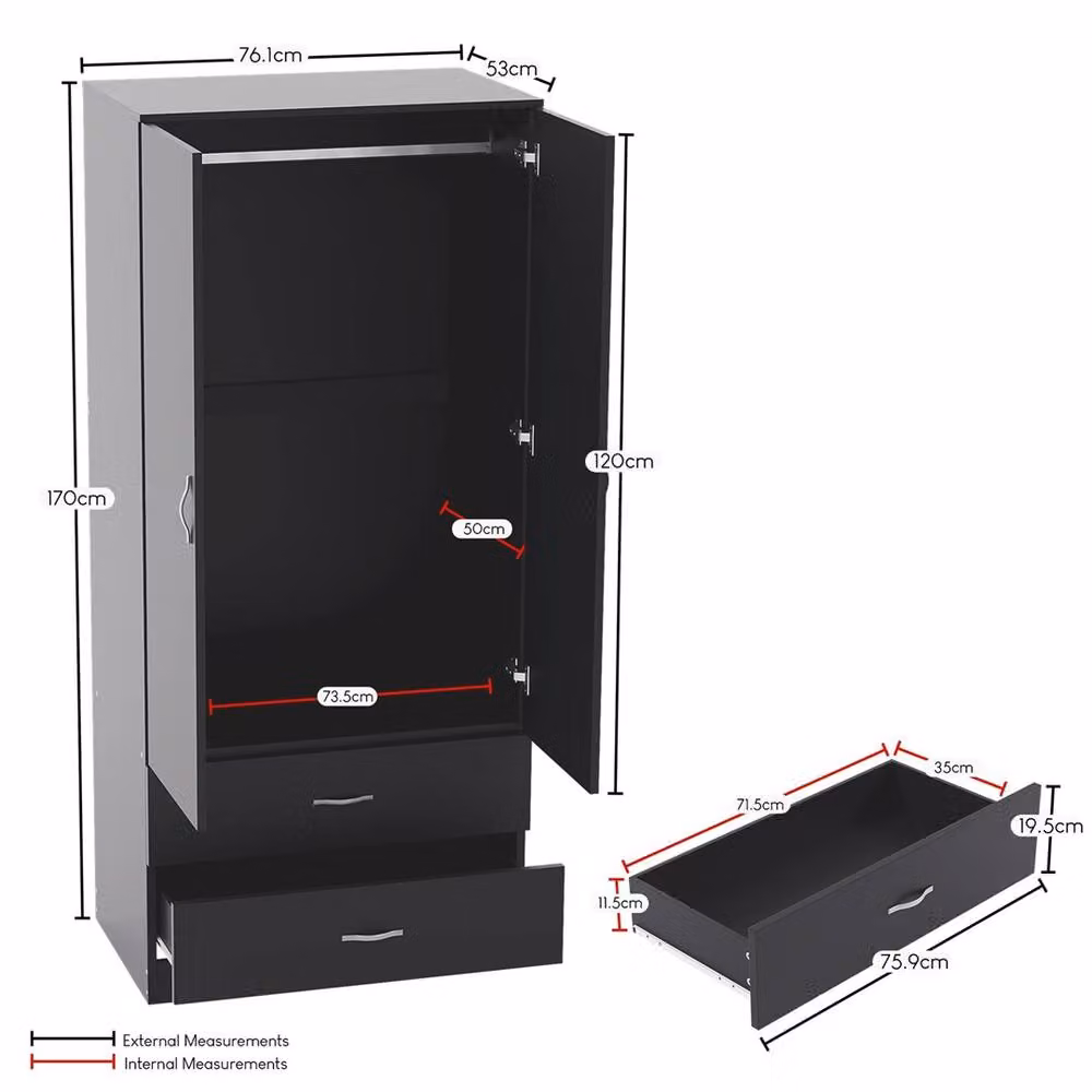 FORGEVIO Black Matt Wooden Wardrobe with Hinged Doors and Internal Drawers – 3