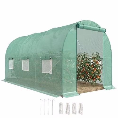 Outsunny Green Polytunnel Greenhouse with Steel Frame, Door and Ventilation Window, W: 4.5 m, D: 2 m, H: 2 m