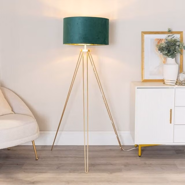 ValueLights Aero Gold Tripod Floor Lamp with Bottle Green Velvet Drum Shade and Bulb – 1