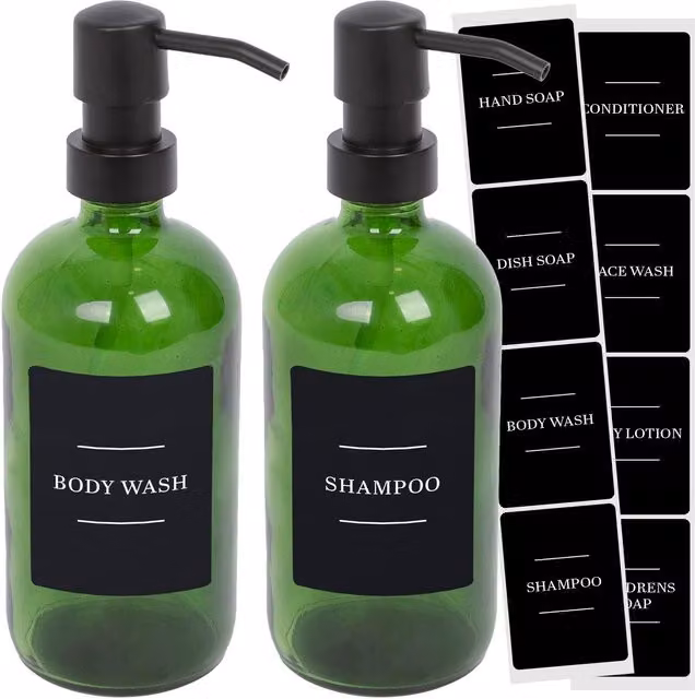 Harbour Housewares Pack of 2 Green Glass Soap Dispensers with Black Labels and Pumps, 500ml – 5