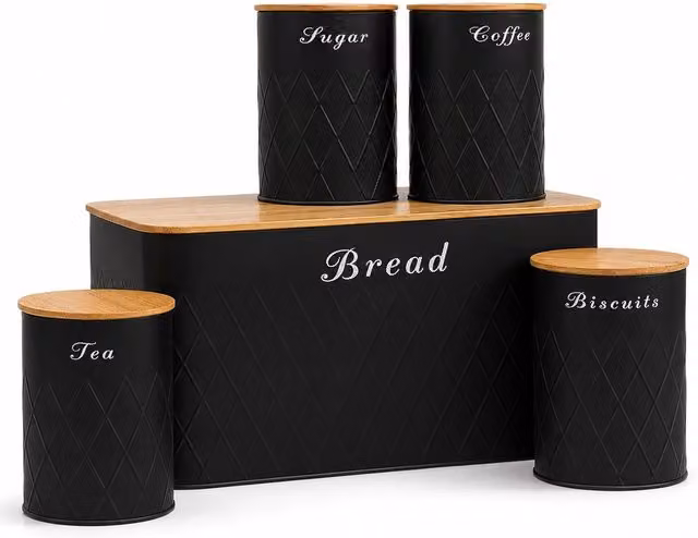 Oypla 5 Piece Black Airtight Kitchen Canister Set with Bamboo Lids