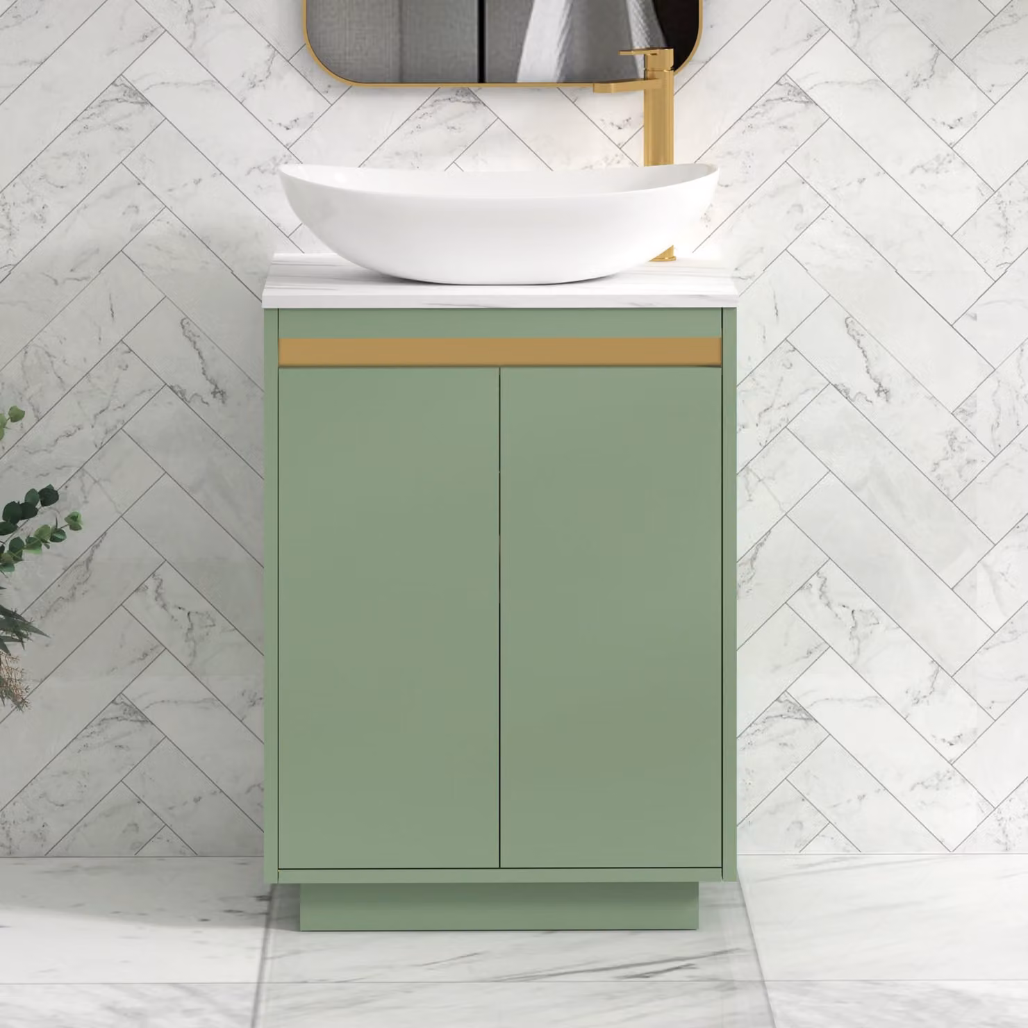 Royal Bathrooms Orion 600mm Mint Sage Floor Standing 2 Door Vanity Unit with Cesar Basin and Brushed Brass Accent Trim