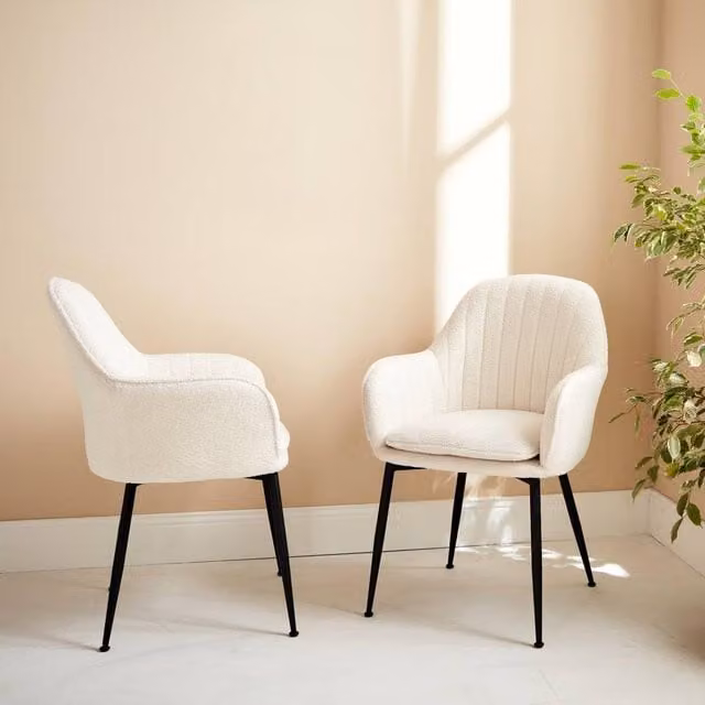 Sweekeec Pair of White Boucle Fabric Accent Chairs with Matt Metal Legs