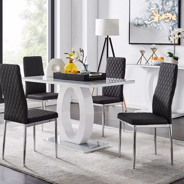 FurnitureboxUK Giovani Modern High Gloss and Glass Rectangular Dining Table and 4 Milan Chairs Set in Black, Grey and White – 1