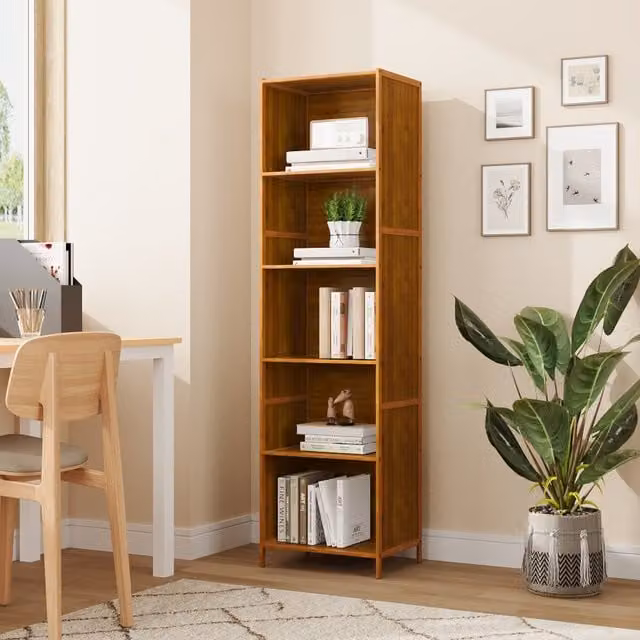 Livingandhome Freestanding Bamboo Bookcase in Beige and Brown, Height: 155 cm
