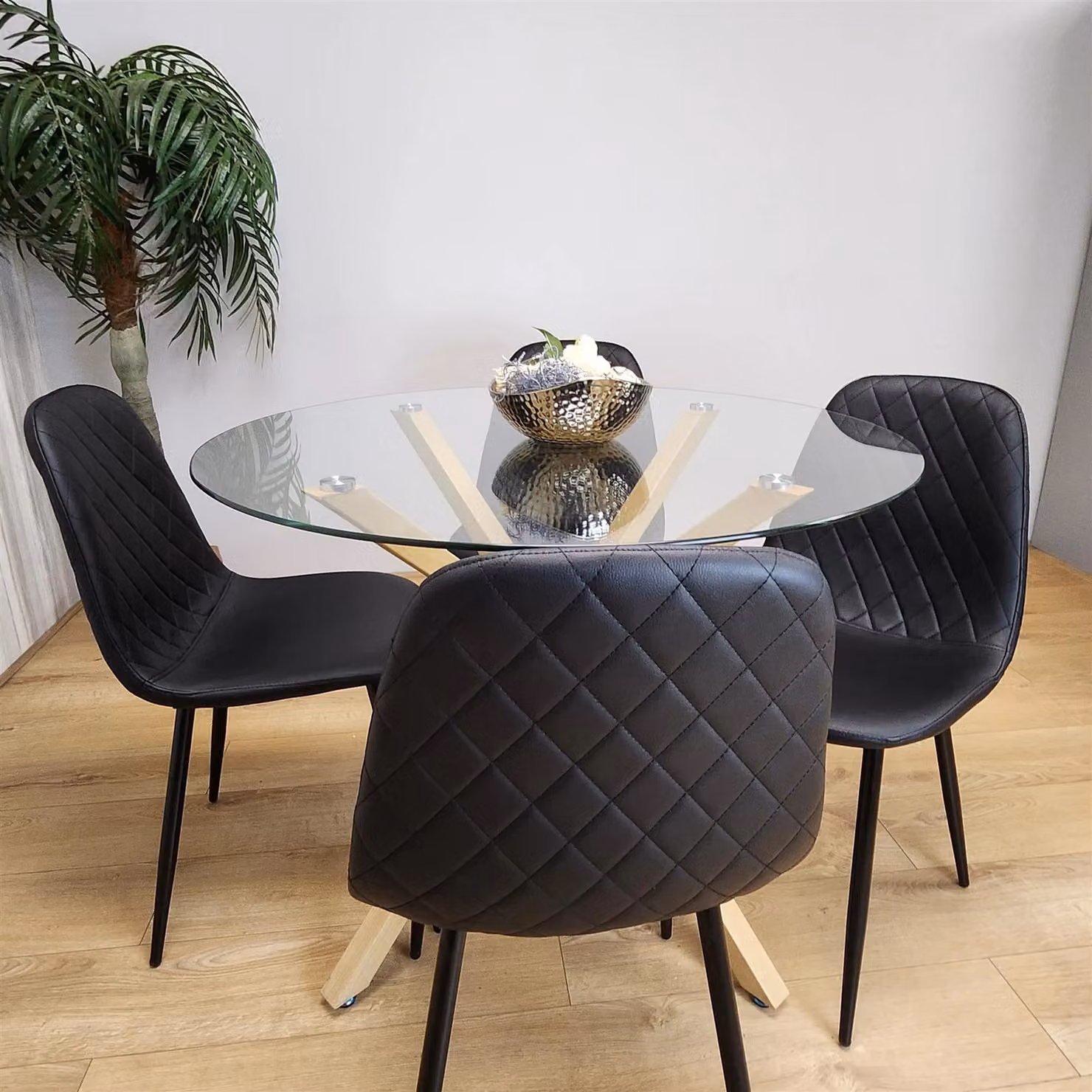Kosy Koala Round Glass Dining Table Set with 4 Black Gem Pattern Chairs in Clear and Black – 3