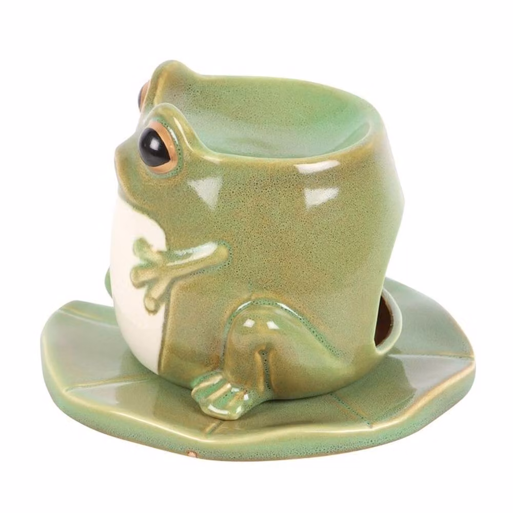 Uniqueful Frog Shaped Ceramic Oil Burner and Lily Pad Plate in Green, Diameter: 15 cm – 2