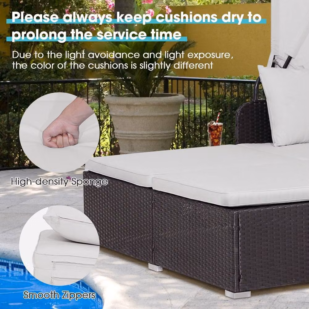 Costway Hand-Woven PE Wicker Daybed Patio Loveseat Sofa Set with Retractable Canopy in White – 6