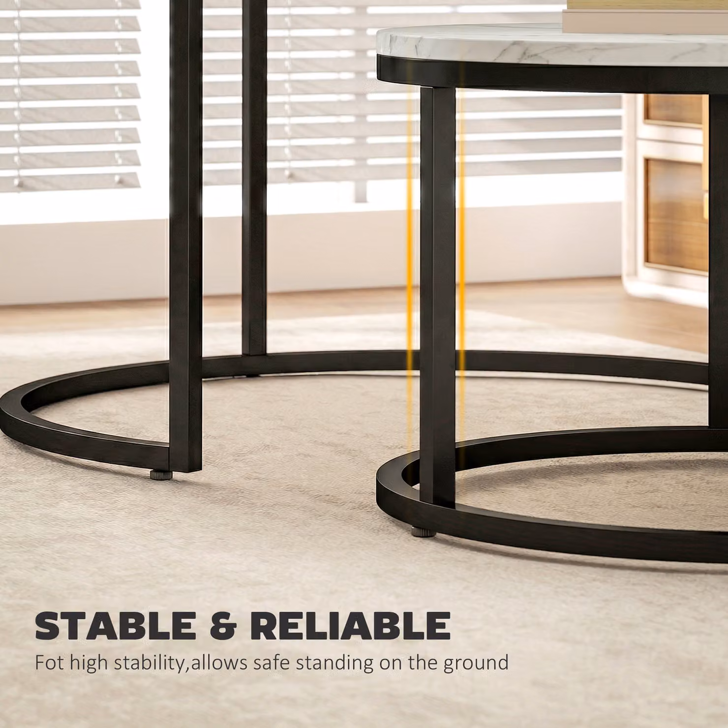 HOMCOM Set of Two White Marble-Effect Round Stacking Tables with Glossy MDF Tops and Metal Sled Bases – 5