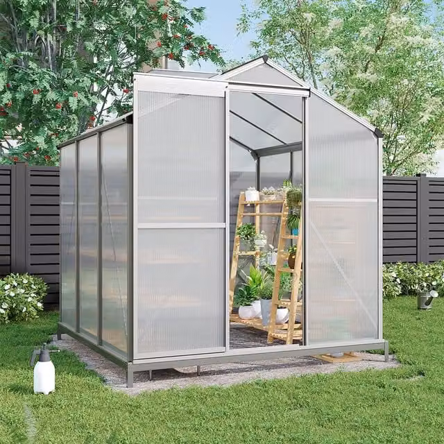 Breeins Aluminium Frame Greenhouse with Polycarbonate Panels and Window, Silver and Transparent, W/D/H: 190 x 190 x 190 cm