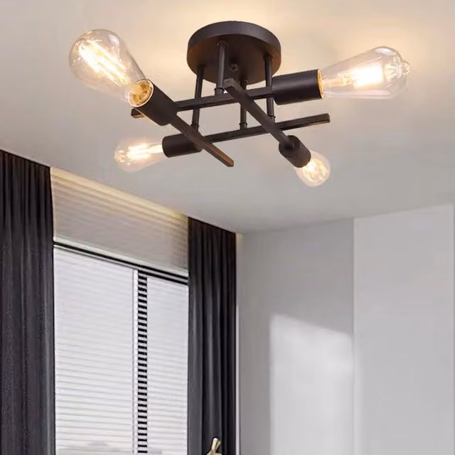 COMELY Industrial Vintage Semi Flush Mount Ceiling Light, 4 Light Black Metal Chandelier
