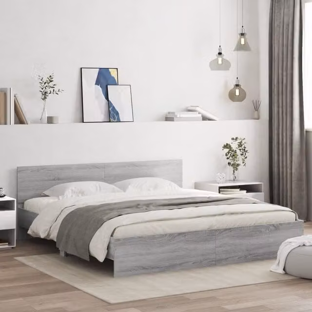 Berkfield Home Grey Sonoma Bed Frame with LED Lighting and USB Charging Port, W/D/H: 200 x 200 cm