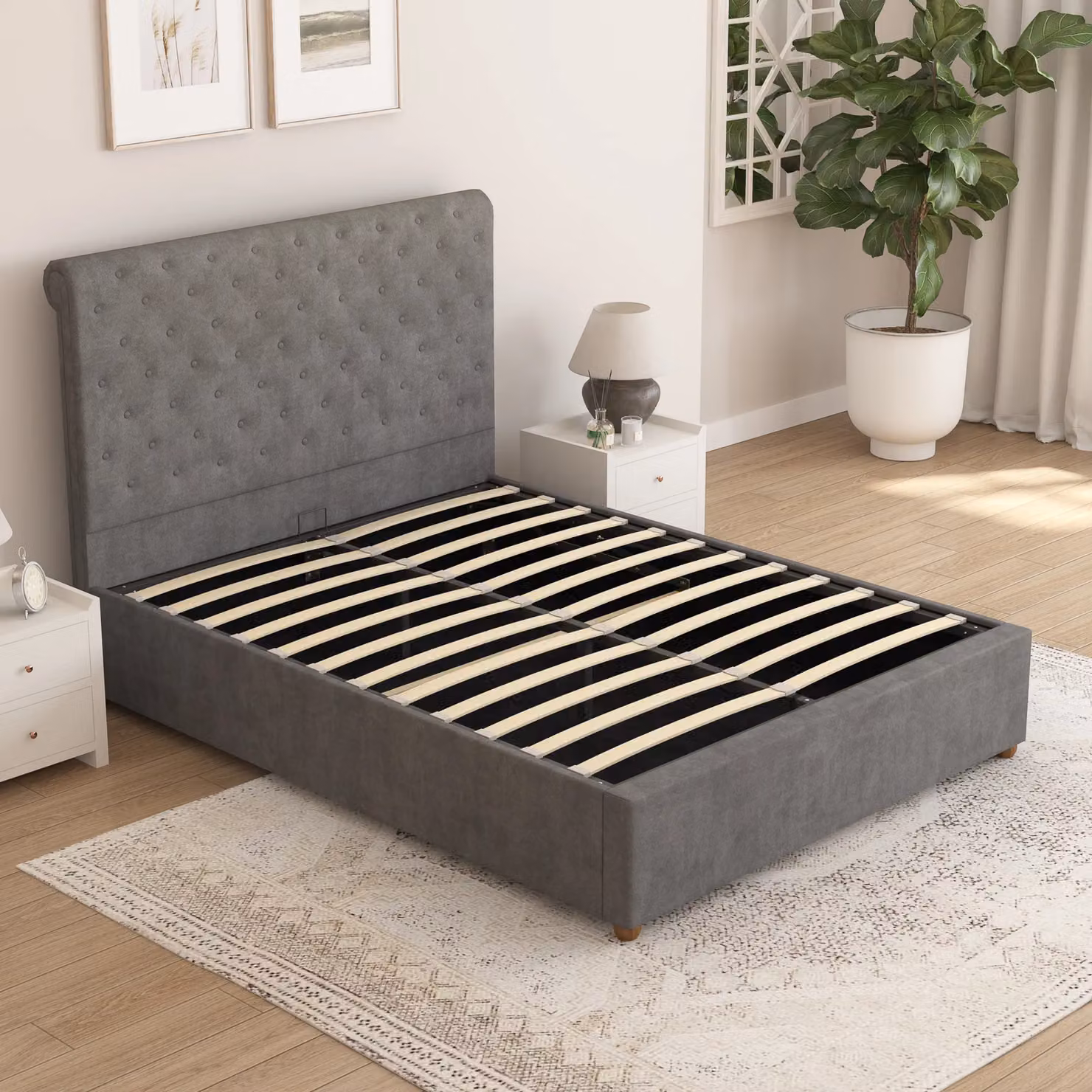Aspire Taylor Ottoman Storage Bed Frame in Grey Plush Velvet Fabric, Size: Double (140 x 200 cm) – 2
