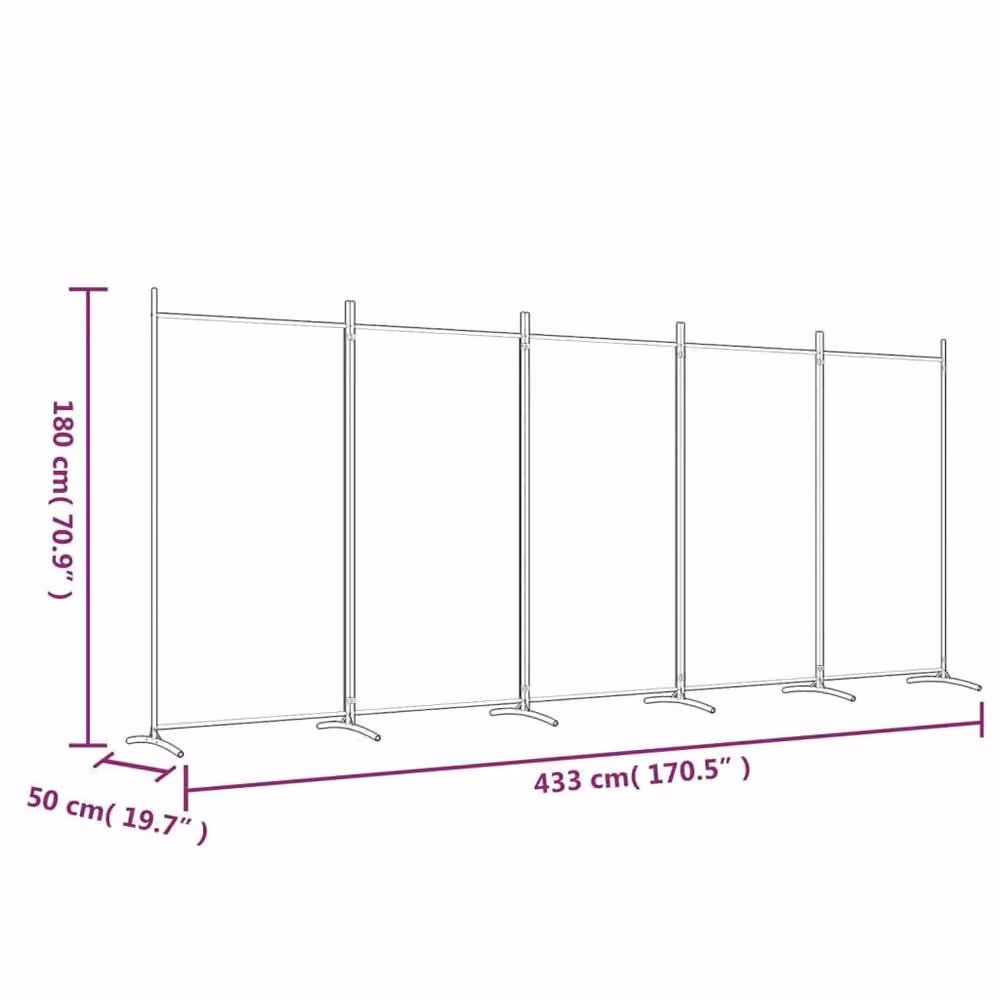 Berkfield Home 5-Panel Fabric Room Divider in Black, H 180 cm x W 433 cm – 5