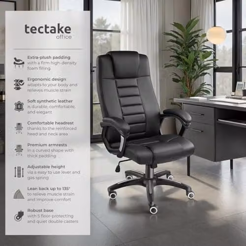 tectake Ergonomic Office Chair with Headrest and Armrests in Black Synthetic Leather – 4