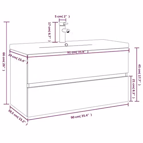 vidaXL Modern Wall-Mounted Sink Cabinet with Built-in Basin in Smoked Oak, W: 90 cm, D: 38.5 cm, H: 45 cm – 2