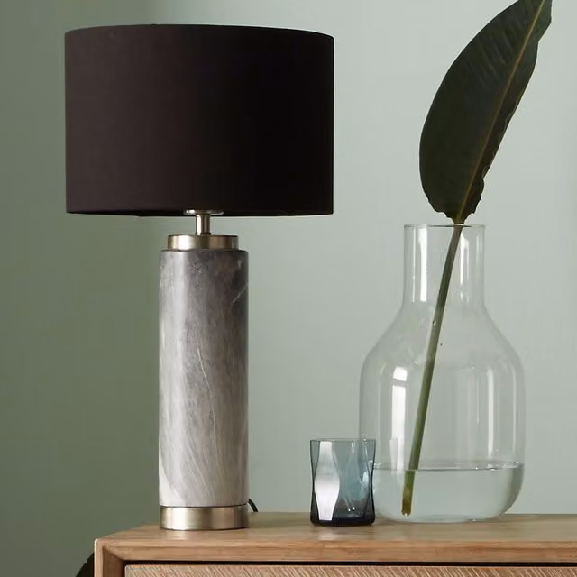 Pacific Lifestyle Modern Grey Marble Effect Ceramic Tall Table Lamp with Fabric Shade