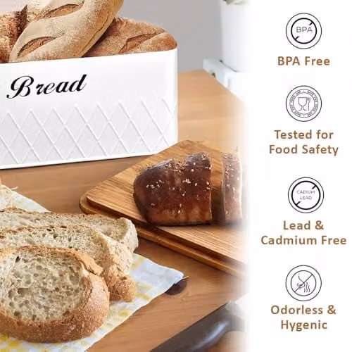 Samtek White 5 Piece Bread Bin and Airtight Kitchen Canister Set with Embossed Metal Finish – 3