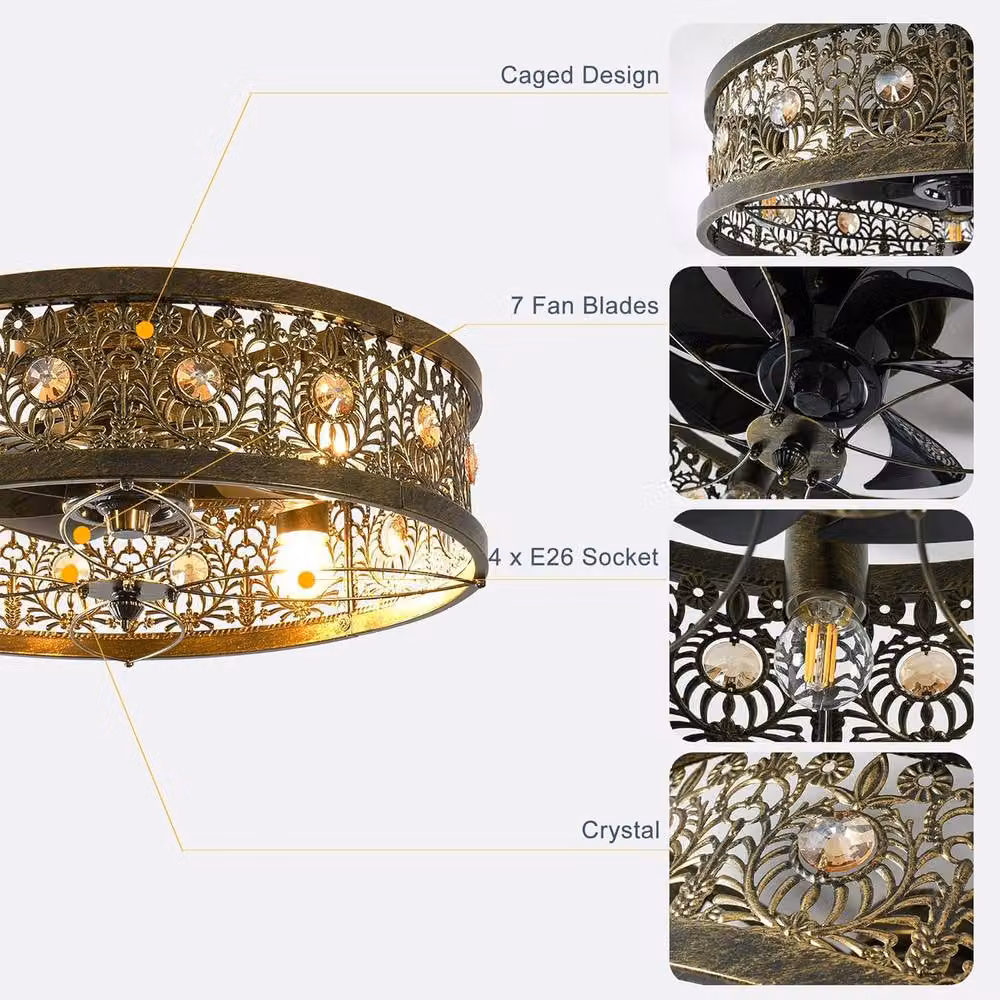 Garwarm Vintage 20 inch Caged Ceiling Fan with Crystal Blades and Light in Bronze – 5