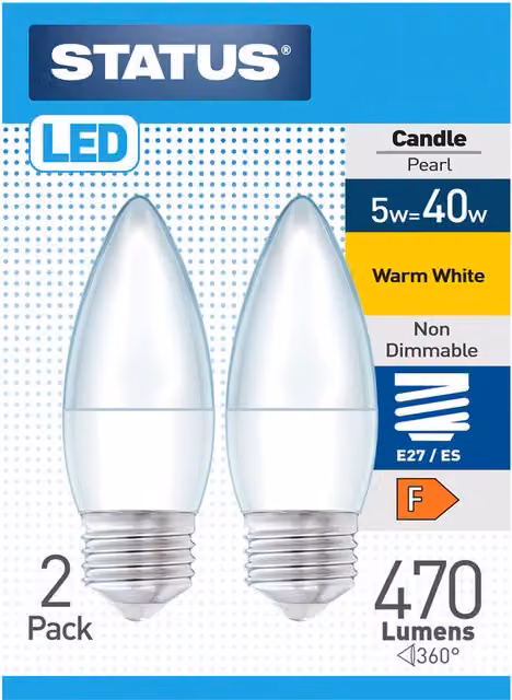 Status Pack of 2 Warm White LED Candle Pearl Lightbulbs 5W