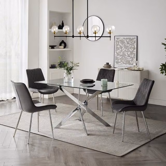 GRS Toulouse Rectangular Glass Dining Table and 4 Grey Velvet Chairs, W/D/H: 120 x 70 x 70 cm
