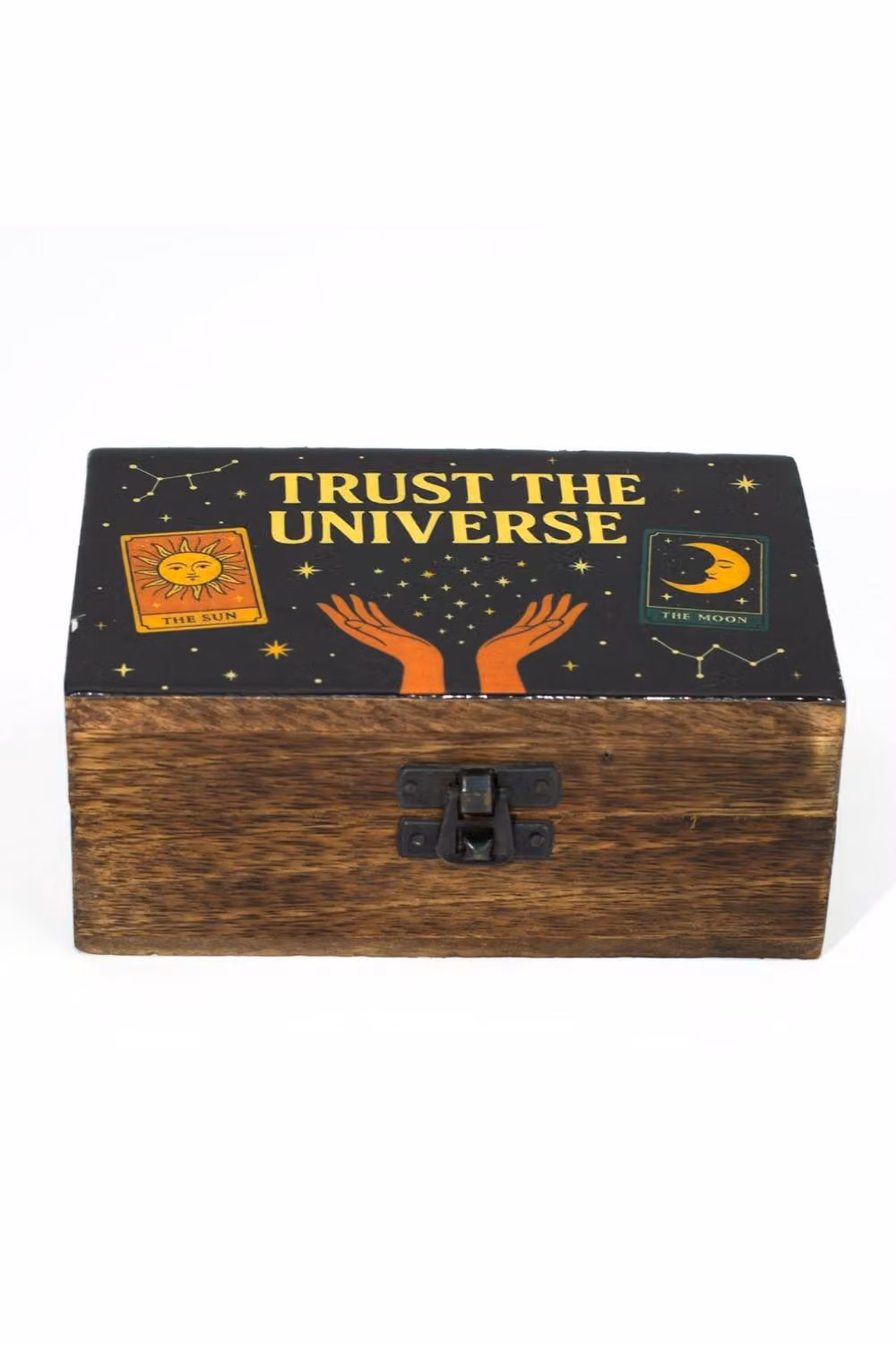 KDMD Trust the Universe Enamelled Solid Mango Wood Storage Box with Lid in Brown – 2
