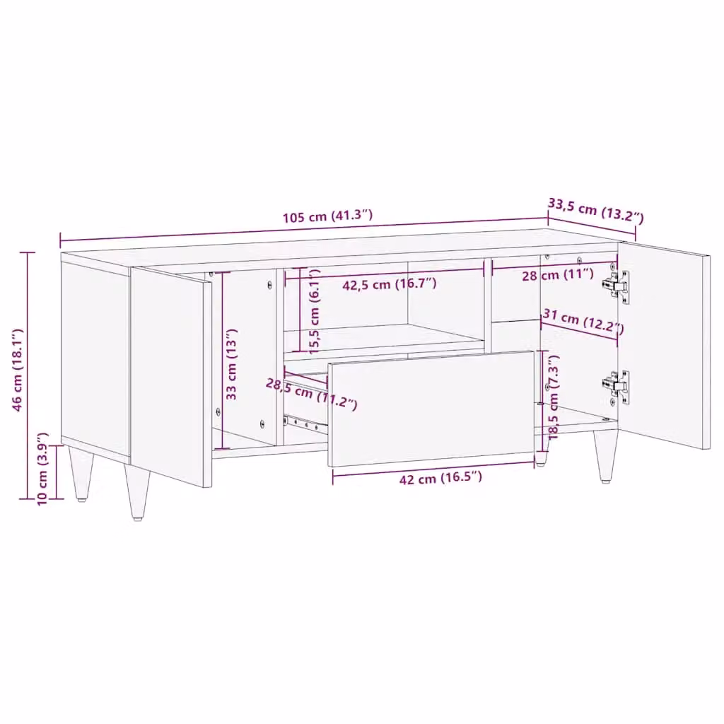 Berkfield Home Mango Wood TV Cabinet in Light Grey, W: 105 cm, D: 33.5 cm, H: 46 cm – 5
