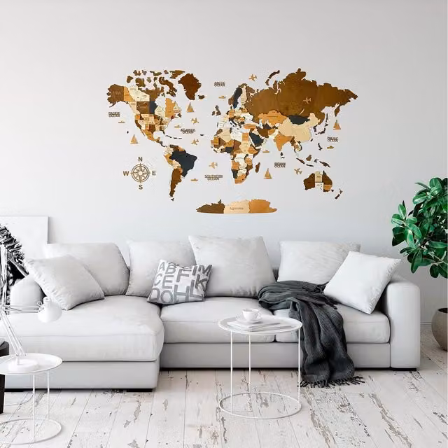 NOVECRAFTO 3D Wooden World Travel Map Rustic Wall Decor in Brown, W: 200 cm, H: 100 cm