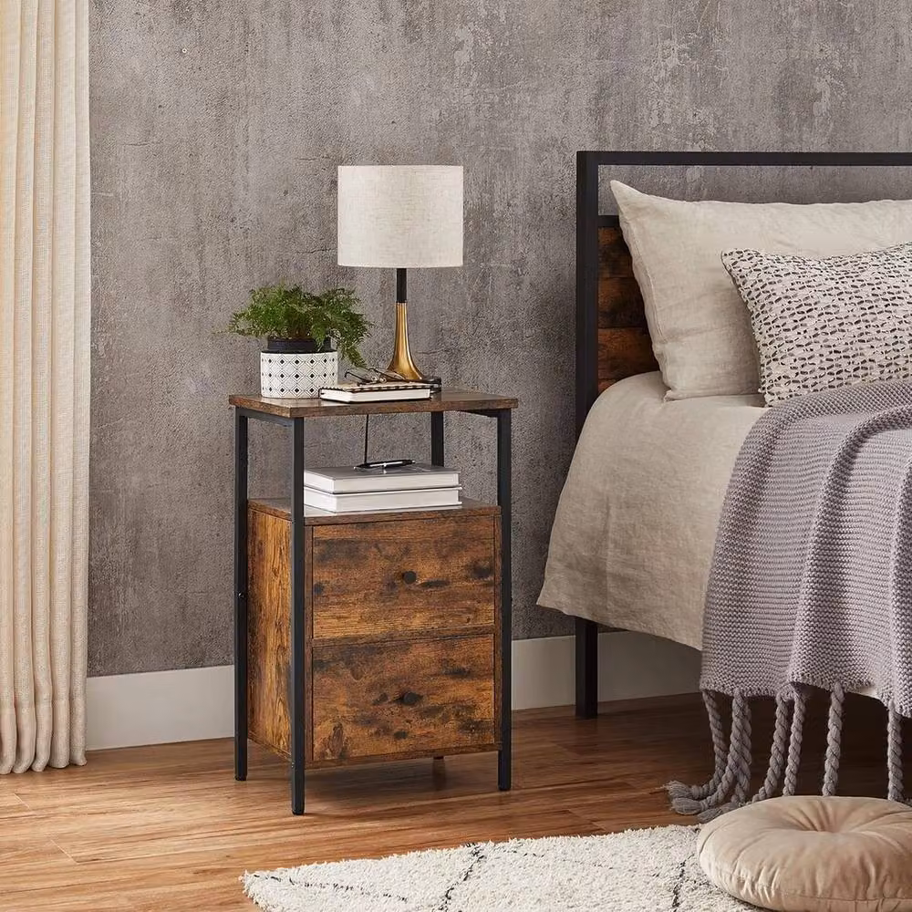 VOGREX Industrial Nightstand with 2 Drawers in Brown and Black – 3