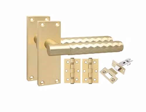Golden Grace Hardware Victorian Knurled Door Handles with Long Backplate Set in Satin Brass, 5 Pairs