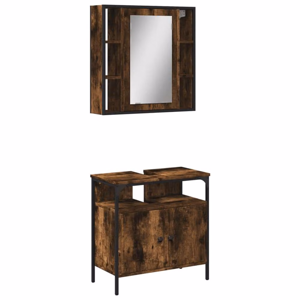 Berkfield Home 2 Piece Brown Smoked Oak Bathroom Furniture Set with Mirror Cabinet and Vanity Unit – 2