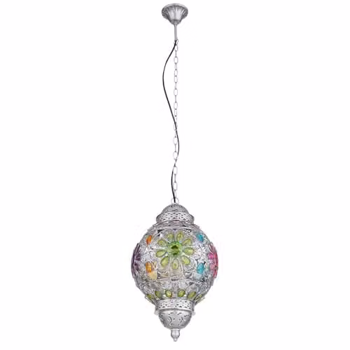 Globo Lighting Netlighting Gelasius Pendant Ceiling Light in Silver with Multicolour Crystals, Diameter: 27 cm, Height: 120 cm