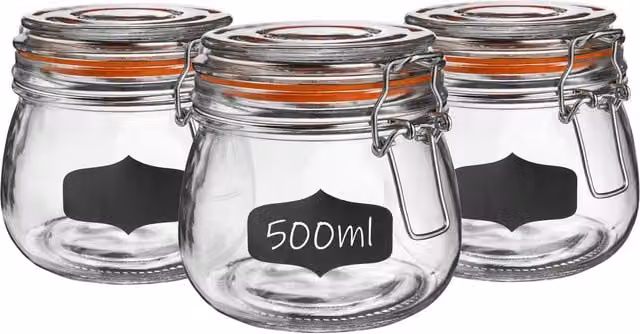 Argon Tableware Glass Storage Jars with Clip Lids and Labels, 500 ml, Pack of 6, Clear and Orange
