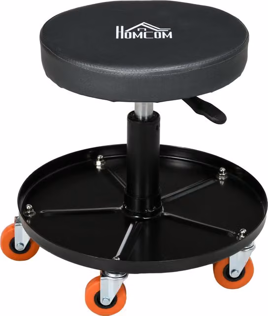 HOMCOM Workshop Stool with Pneumatic Adjustable Height, Rolling Mechanic Stool with 360 Degree Swivel Padded Black Synthetic Leather Seat and Tool Tray