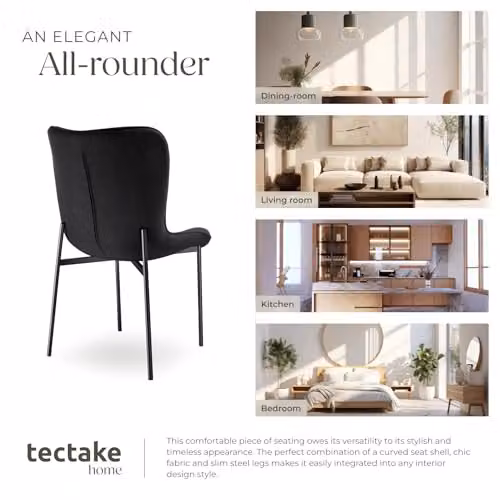 tectake Set of 4 Scandi Style Dining Chairs in Black Woven Fabric with Ergonomic High Backrest and Steel Legs – 8