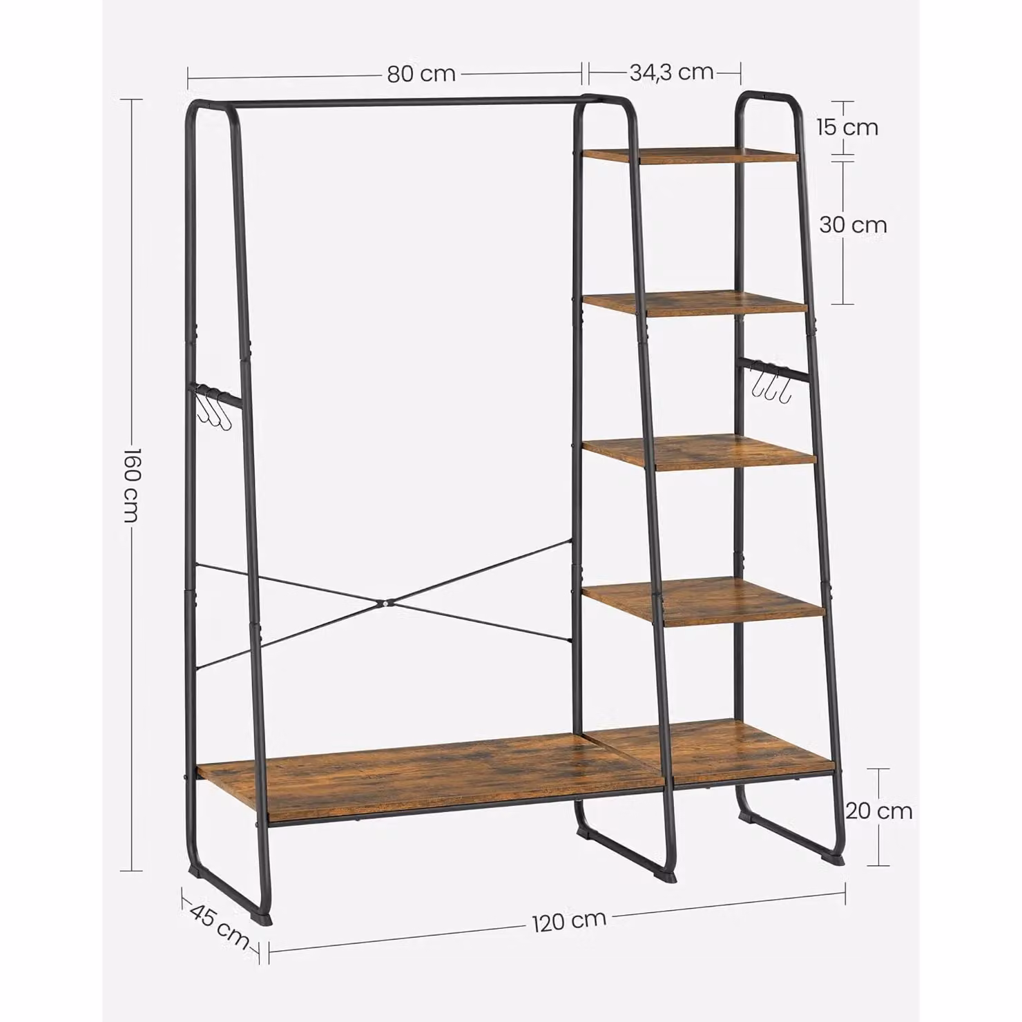VASAGLE Industrial Clothes Rack with Shoe Storage and Side Hooks in Brown, H 160 x W 60 x D 45 cm – 2