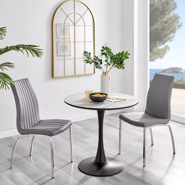 FurnitureboxUK Elina White Marble Effect Round Dining Table and 2 Isco Faux Leather Chairs in Grey