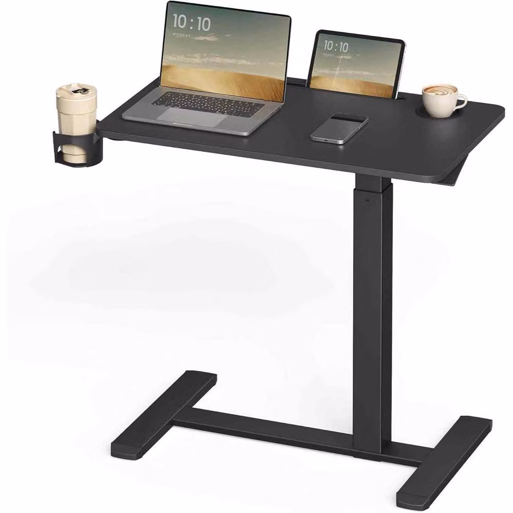 The Bazaarist Mobile Side Table with Adjustable Height, Castors and Cup Holder, Black – 2