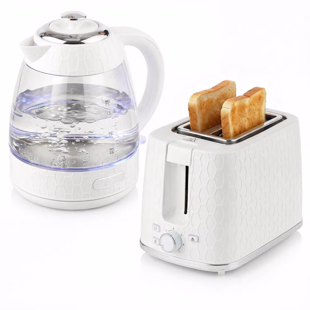 HOMCOM Kettle and Toaster Set in Beige and White with Glass Elements – 2