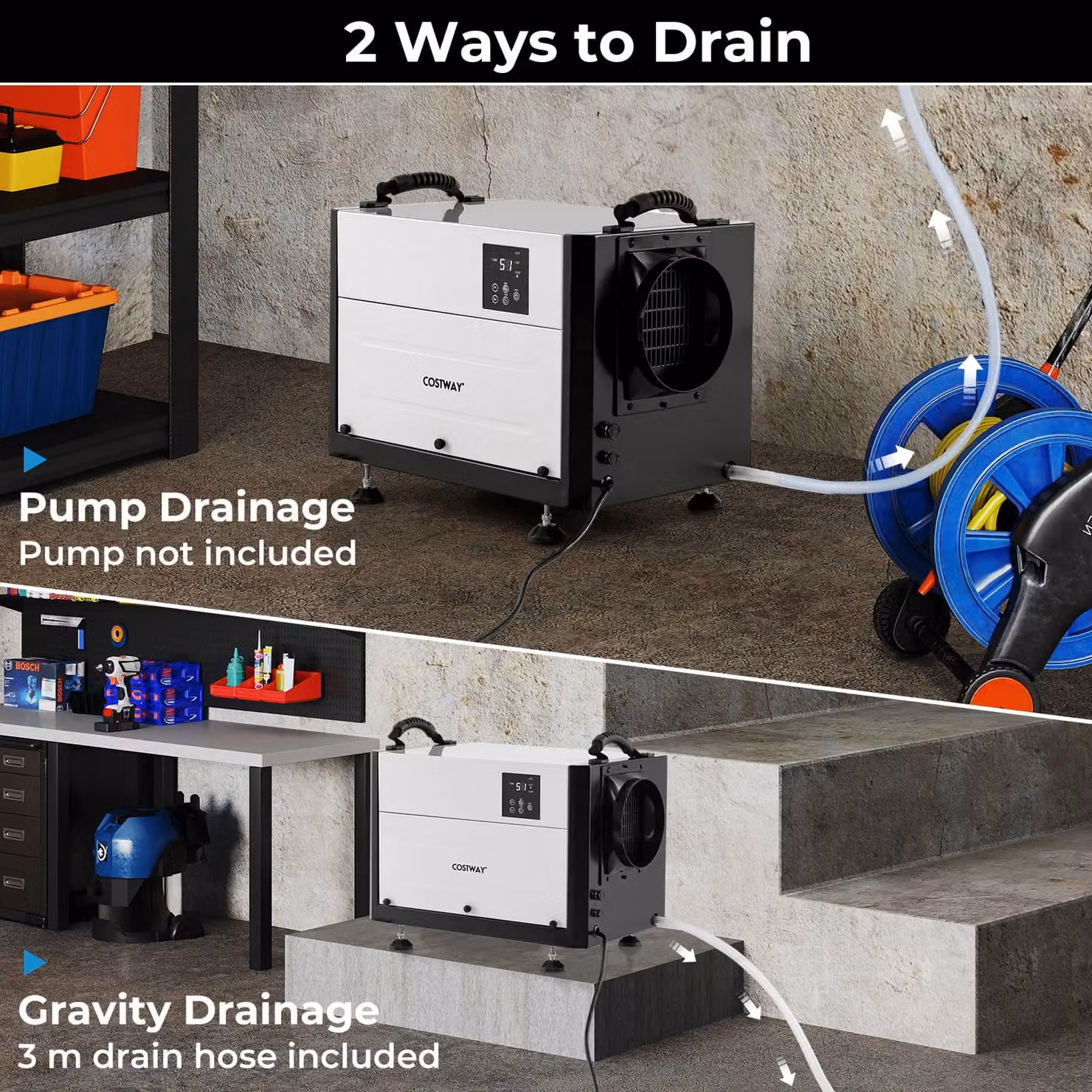 Gymax Commercial Crawl Space Dehumidifier with Drain Hose, White, 50L/Day – 6