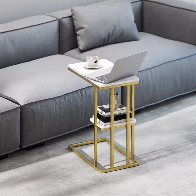 SPETLEK C-Shaped Narrow Side Table with Shelf in White
