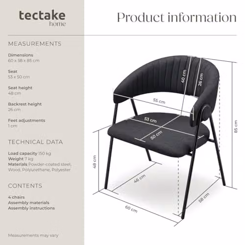 tectake Bedano Set of 4 Dining Chairs in Black Fabric with Metal Legs – 3