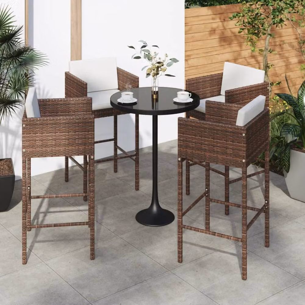 Berkfield Home Set of 4 Modern Brown Poly Rattan Bar Stools with Cushions and Steel Frames – 2