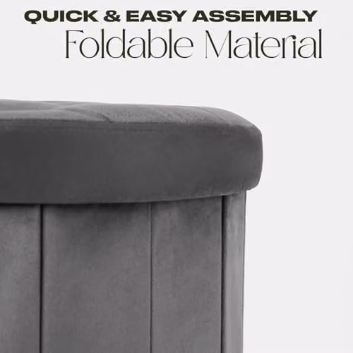 OHS Round Matte Velvet Storage Ottoman Stool in Grey, W/D/H: 45 x 45 x 45 cm – 3