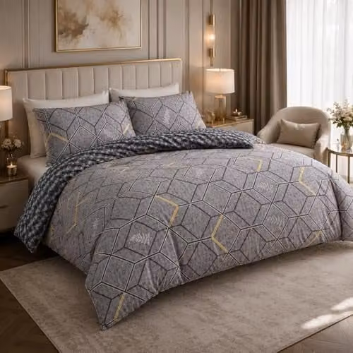 Lazzaro Grey Microfibre Reversible King Size Duvet Cover and Pillowcase Set, W/D/H: 240 x 220 cm with 50 x 75 cm Pillowcases – 1