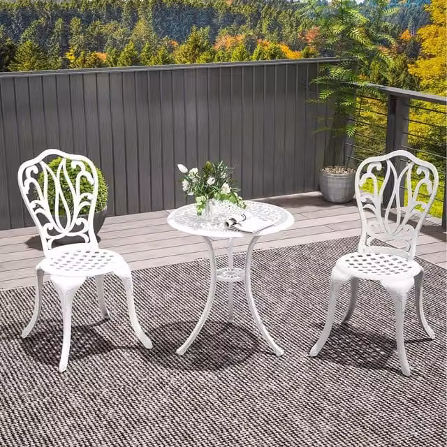 Outsunny 3 Piece Metal Patio Bistro Set with Umbrella Hole in White
